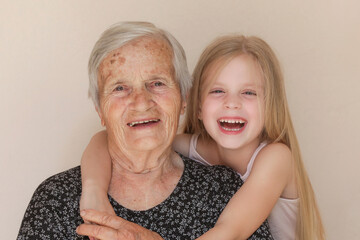 Happy family, child and great grandma hug, relax, smile, love and bond together, happy and content at home showing love and affection