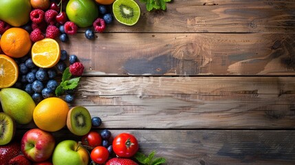 A hardwood table decorated with an assortment of fresh fruits and vegetables, capturing the beauty of local, whole foods in a stunning still life photography AIG50