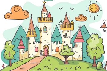 Fototapeta premium Cartoon cute doodles of a magical kingdom ruled by a wise and kind queen, Generative AI