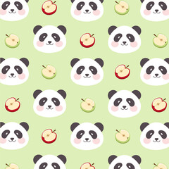 Panda bear seamless pattern background with apple background. vector illustration.