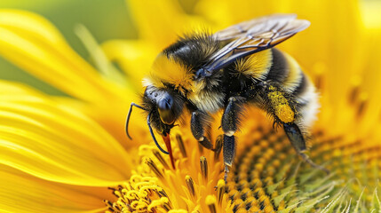 A macro view of a bee collecting pollen from a bright yellow sunflower, focusing on the bee's fuzzy body and pollen-covered legs.