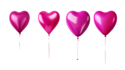Four pink heart shaped balloons on a transparent background.