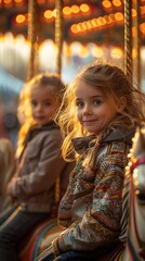 Fototapeta premium Children riding on a carousel or other carnival rides. 
