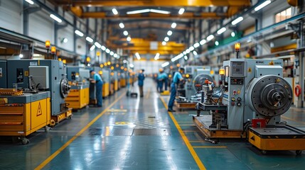 Fototapeta premium The interior of a factoryâ€™s maintenance workshop, with technicians repairing machinery, spare parts neatly organized, and safety signs prominently displayed.