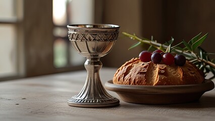 Communion  Holy.  Easter Communion Still life with chalice of wine and bread.