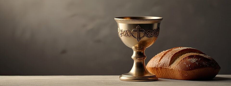 Communion  Holy.  Easter Communion Still life with chalice of wine and bread.