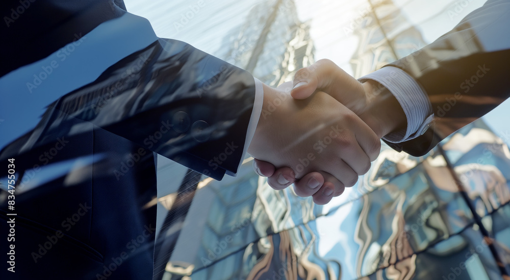 Poster close-up of two people in business attire shaking hands, with a reflective glass building in the bac