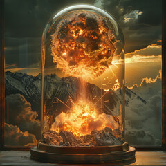 an artwork displaying an image of an atomic explosion, in the style of hyperrealistic landscapes, miniature dioramas