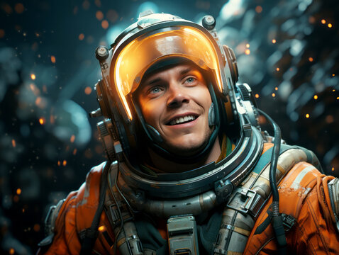 A smiling astronaut in an orange spacesuit against a starry background, concept of exploration. Generative AI