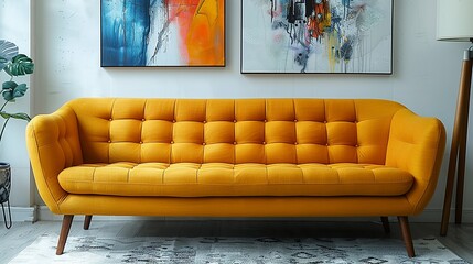 A bright yellow sofa with sleek, minimalist design featuring plush cushions and wooden legs, positioned against a white wall with a few colorful, abstract art pieces hung above.