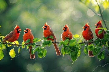 beautiful northern cardinal birds standing in a green branch of tree 
