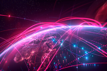 Obraz premium This illustration with digital art style shows colorful network arcs over North America, illustrating the concept of high-speed data transfer