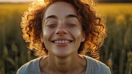 Portrait of a calm happy smiling free woman with her eyes closed enjoying a beautiful moment of life in a field at sunset	