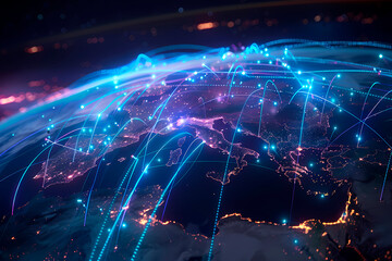 Obraz premium An atmospheric digital art depiction of network connections with cool blue tones spread across a stylized Earth's surface at night