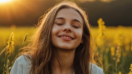 Portrait of a calm happy smiling free woman with her eyes closed enjoying a beautiful moment of life in a field at sunset	