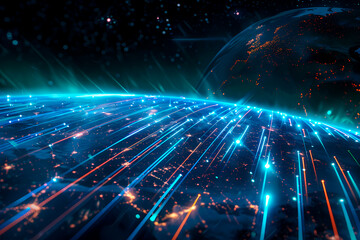 The illustration captures dynamic blue light streams symbolizing high-speed data transfer across Earth, a digital art masterpiece