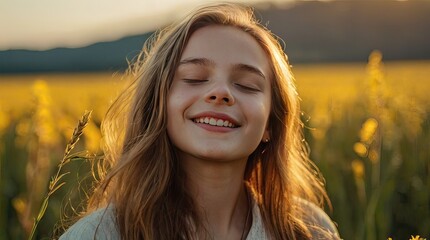 Portrait of a calm happy smiling free woman with her eyes closed enjoying a beautiful moment of life in a field at sunset	