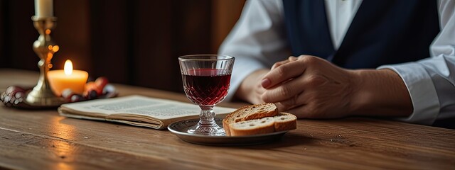 Communion  Holy.  Easter Communion Still life with chalice of wine and bread.