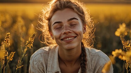 Portrait of a calm happy smiling free woman with her eyes closed enjoying a beautiful moment of life in a field at sunset	