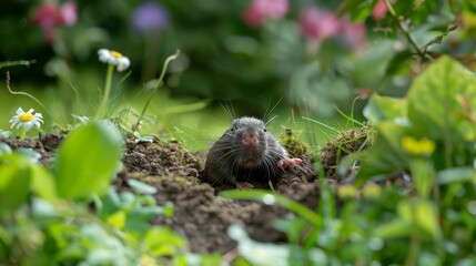 Obraz premium Children's Day, social practice class，Curious Mole Poking Its Head Out of the Garden Mound: Wildlife Exploration, Animal Research, 4K HD Wallpaper