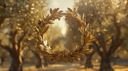 The image shows a gold wreath of olive leaves