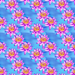 Pink water lilies at blue water surface seamless pattern