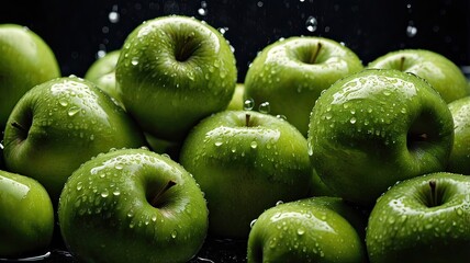 green apples in drops of water