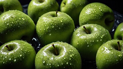 green apples in drops of water