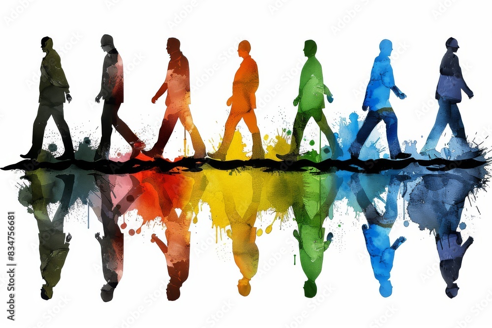 Poster silhouettes walking on a colorful, reflective surface, a metaphor for diverse paths and unity.