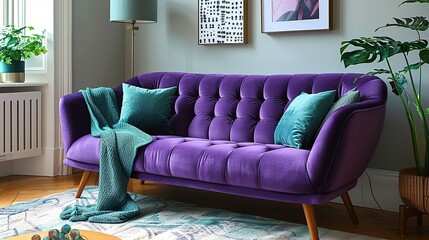 A purple, mid-century modern style sofa with wooden legs and plush cushions, paired with a teal throw blanket and a set of matching throw pillows for added comfort.
