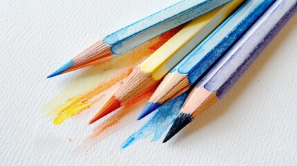 Fototapeta premium Close-up of colorful pencils on white paper. Perfect for art, school, and creativity concepts. Vibrant, sharp, and ideal for drawing or sketching.