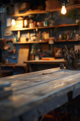 A wooden workbench in the foreground with a blurred workshop in the background