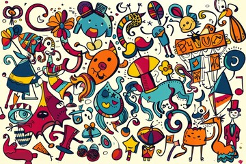 Naklejka premium Cartoon cute doodles of a whimsical circus with acrobats, clowns, and performing animals, Generative AI