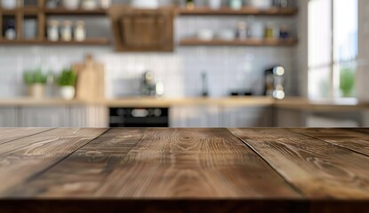Wooden kitchen table top with blurred background of modern interior design and home appliances, focusing on the wooden countertop for product display, High quality