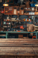 Obraz premium A wooden workbench in the foreground with a blurred workshop in the background
