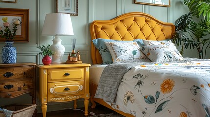 A yellow side table with a glossy finish and a single drawer, paired with a white table lamp and a few colorful decorative objects for a cheerful bedside setup.