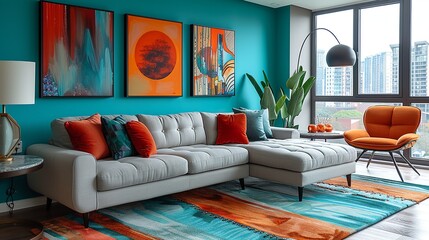 A turquoise accent wall adorned with a variety of colorful, modern art pieces, creating a vibrant backdrop for the minimalist furniture in the living room.