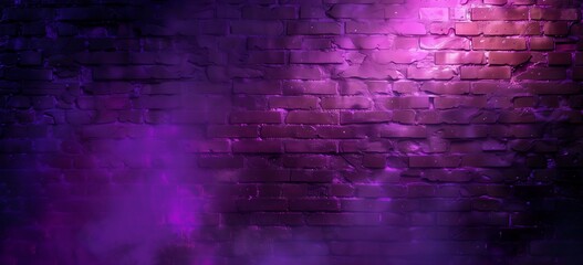 A brick wall with purple neon lights shining on it, for product display. neon spotlights reflection on the floor in studio room