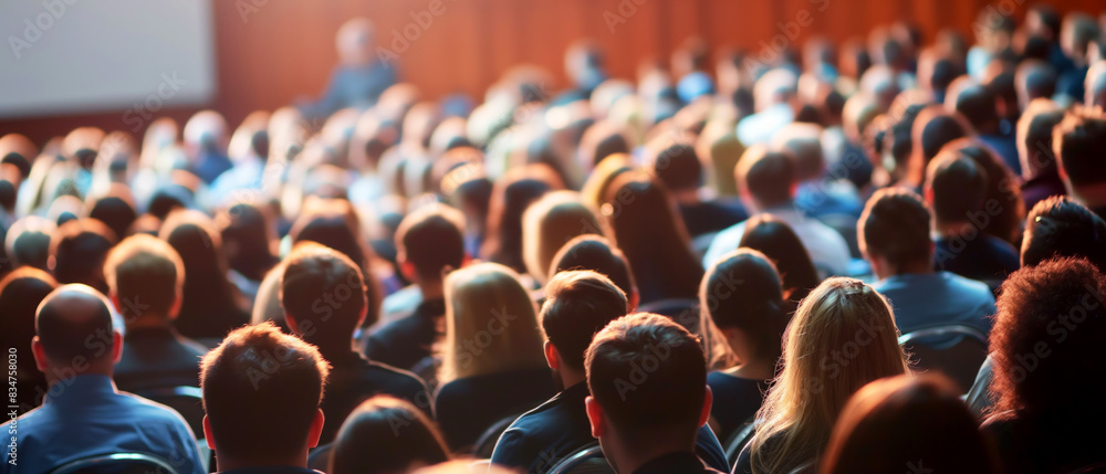 Poster audience at a lecture with focus on listeners, blurry background, concept of education and events. g