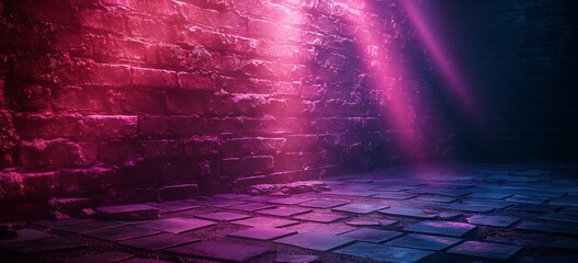 Abstract background with bricks wall, glowing neon lights on the floor. lighting effect violet and blue