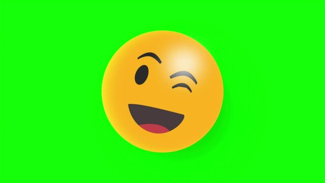 3D Emoji Animation with winking expression emoji Icon on green screen, 4k