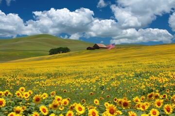 Vibrant sunflower field under a bright blue sky with rolling green hills and fluffy white clouds in the background.