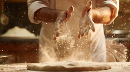 Fototapeta premium The photo shows a chef in a white uniform sprinkling flour on a pizza dough.