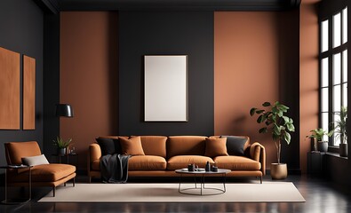  Premium Accent Lounge - Trend Living Room in Dark Black and Bright Brown Terracotta with Caramel Sofa and Empty Deep Wall. Modern Interior Design Office or Home. 3D Render