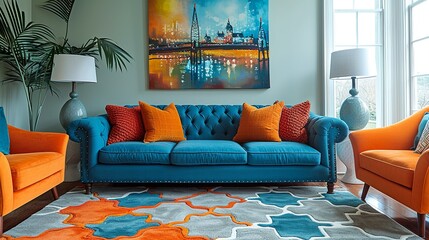A turquoise area rug with a bold, geometric pattern, anchoring the living room and complementing the surrounding brightly colored furniture.