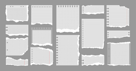 Set of various Torn Notebook Sheet. White and grey ripped paper notes, stickers, sticky sheets and tape. Vector illustration in flat style. Trendy elements for collage.
