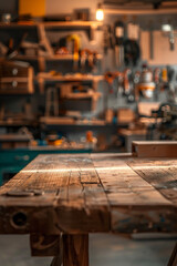 A wooden workbench in the foreground with a blurred workshop in the background