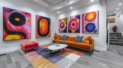 A series of colorful, abstract art pieces arranged in a gallery wall style on a white accent wall, adding a touch of vibrancy and modern art to the space.