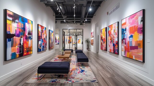 A series of colorful, abstract art pieces arranged in a gallery wall style on a white accent wall, adding a touch of vibrancy and modern art to the space.