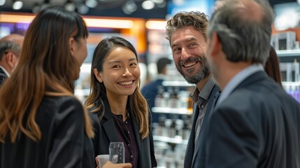happy business people at the exhibition, smiling and talking to each other in front of a stand with lighting on it, having fun together in a candid shot,